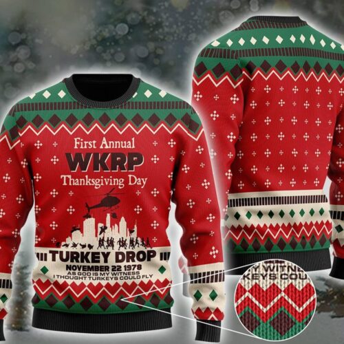 WKRP in Cincinnati Thanksgiving Turkey Drop Ugly Christmas Sweater Family Sweatshirt image 0