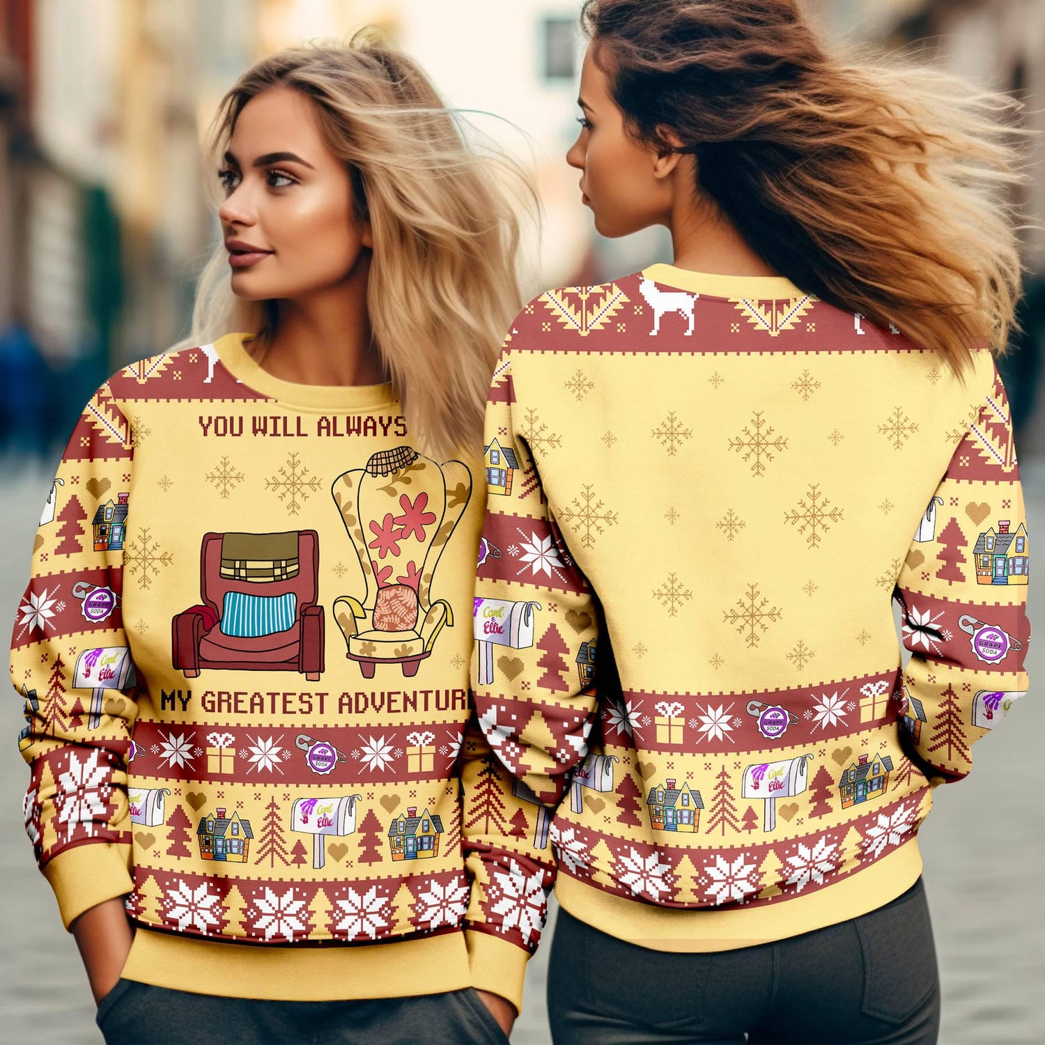 Pixar Up Christmas Sweater Greatest Adventure Sweatshirt Carl & Ellie Xmas Couple Pullover image 3