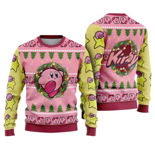 Kirby Christmas Sweatshirt Pink Kirby Ugly Sweater Video Game Themed Holiday Apparel image 0