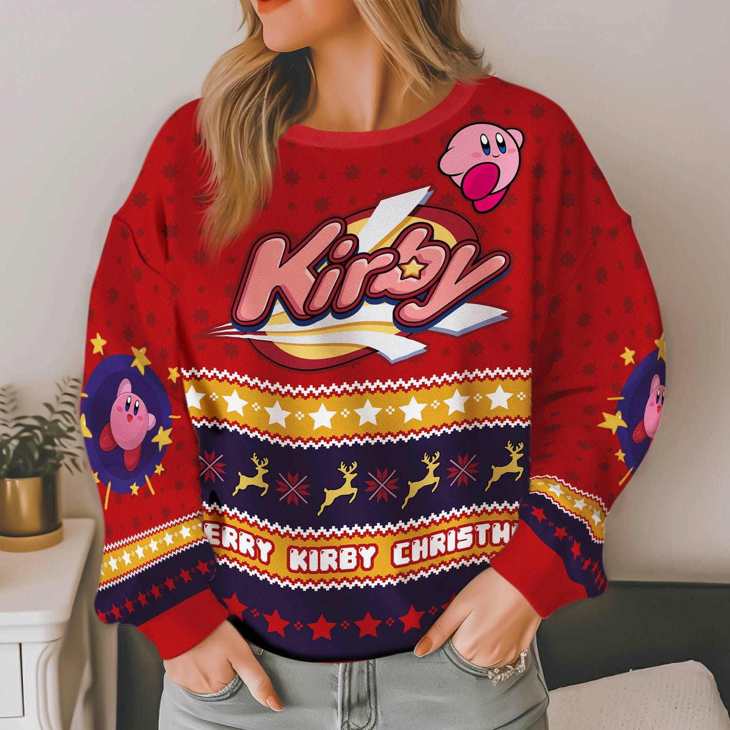 Kirby Video Game Ugly Christmas Sweatshirt Pink Kirby Sweater Ugly Xmas Gaming Apparel image 3