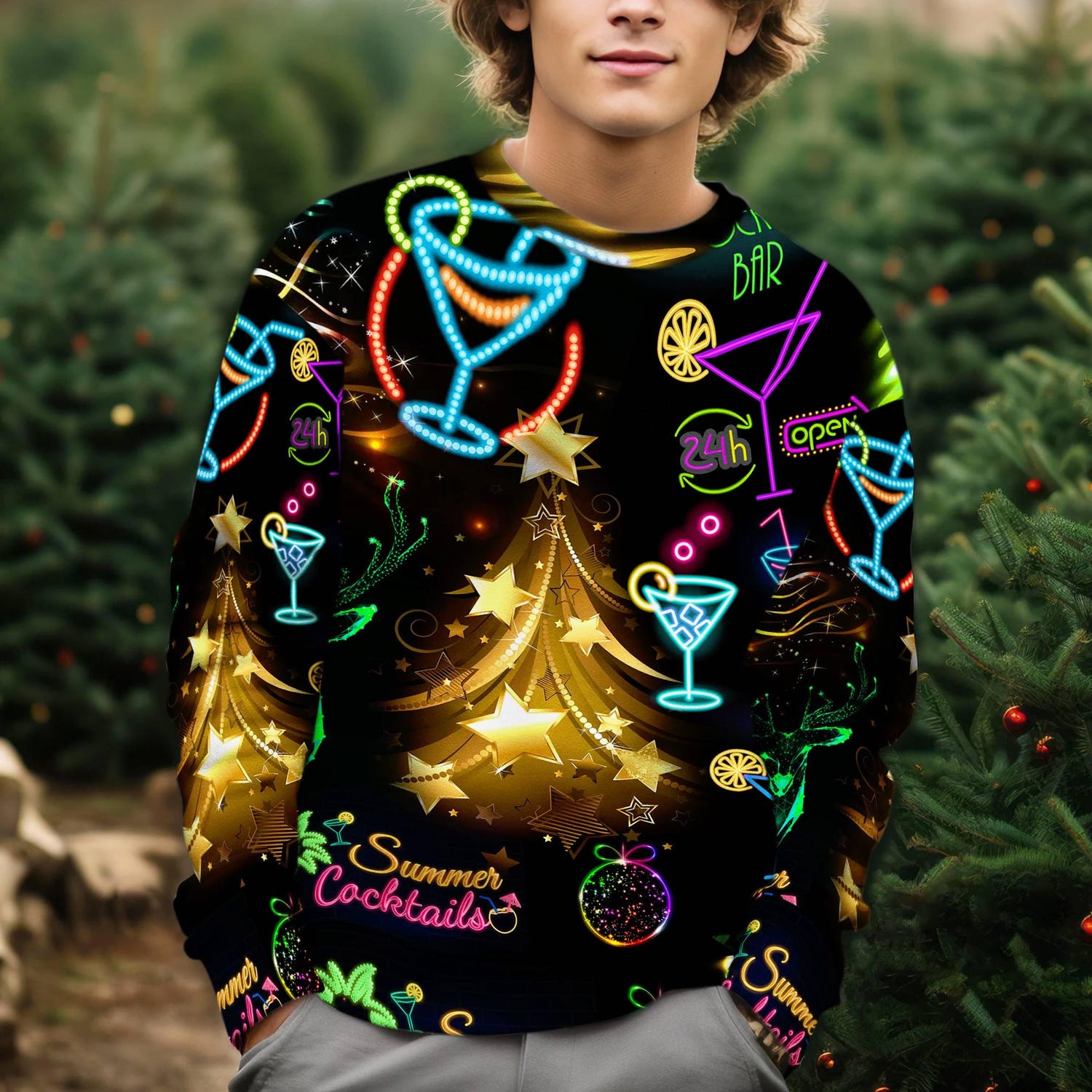 Christmas Neon Light Ugly Sweatshirt Reindeer Santa Claus Sweater Holiday Gift image 2