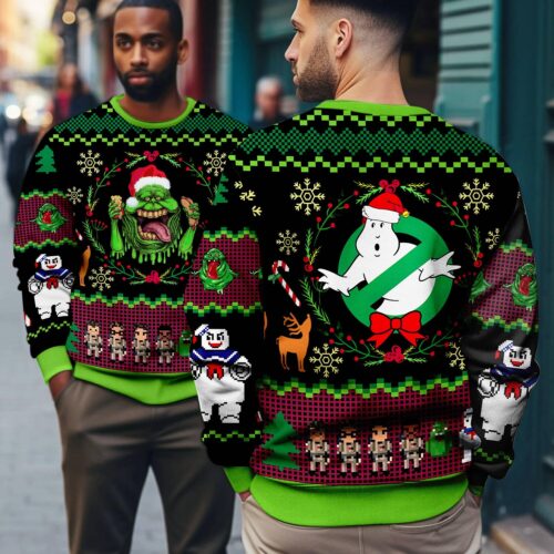 Ghostbusters Ugly Christmas Sweatshirt Slimer & Stay Puft Holiday Sweater Funny Xmas Sweater image 0