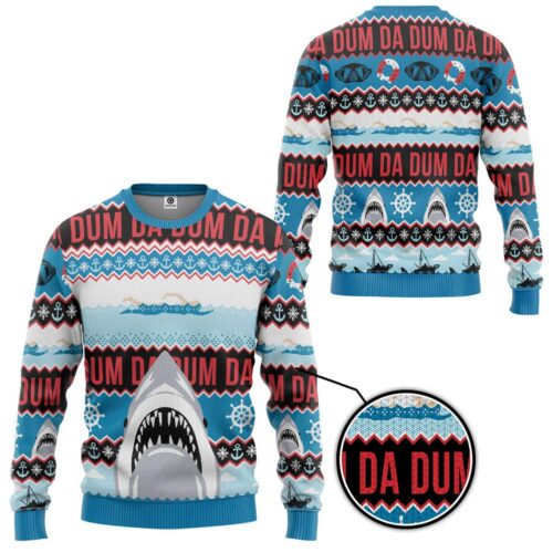 Jaws Shark Ugly Christmas Sweatshirt for Movie Lovers Funny Jaws Xmas Sweater Gift image 0