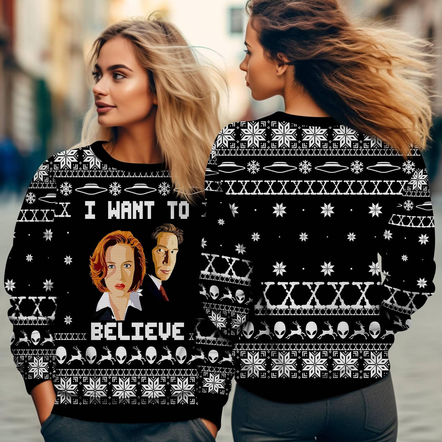 X-Files Ugly Christmas Sweatshirt Fox Mulder Dana Scully Holiday Sweater I Want to Believe image 2