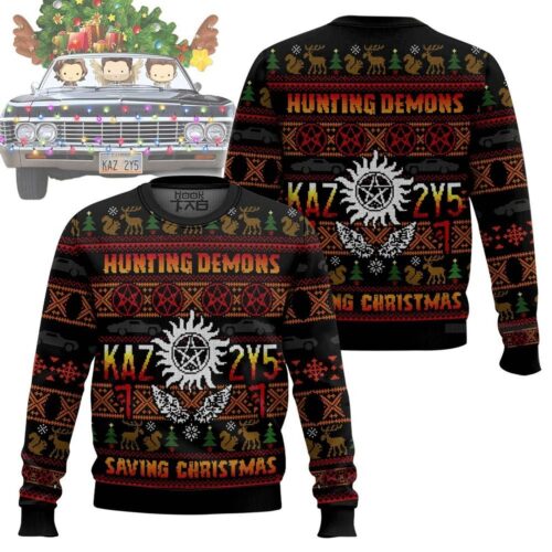 Supernatural Ugly Christmas Sweater Hunting Demons Saving Christmas Kaz 2y5 The Winchesters Holiday Gift image 0