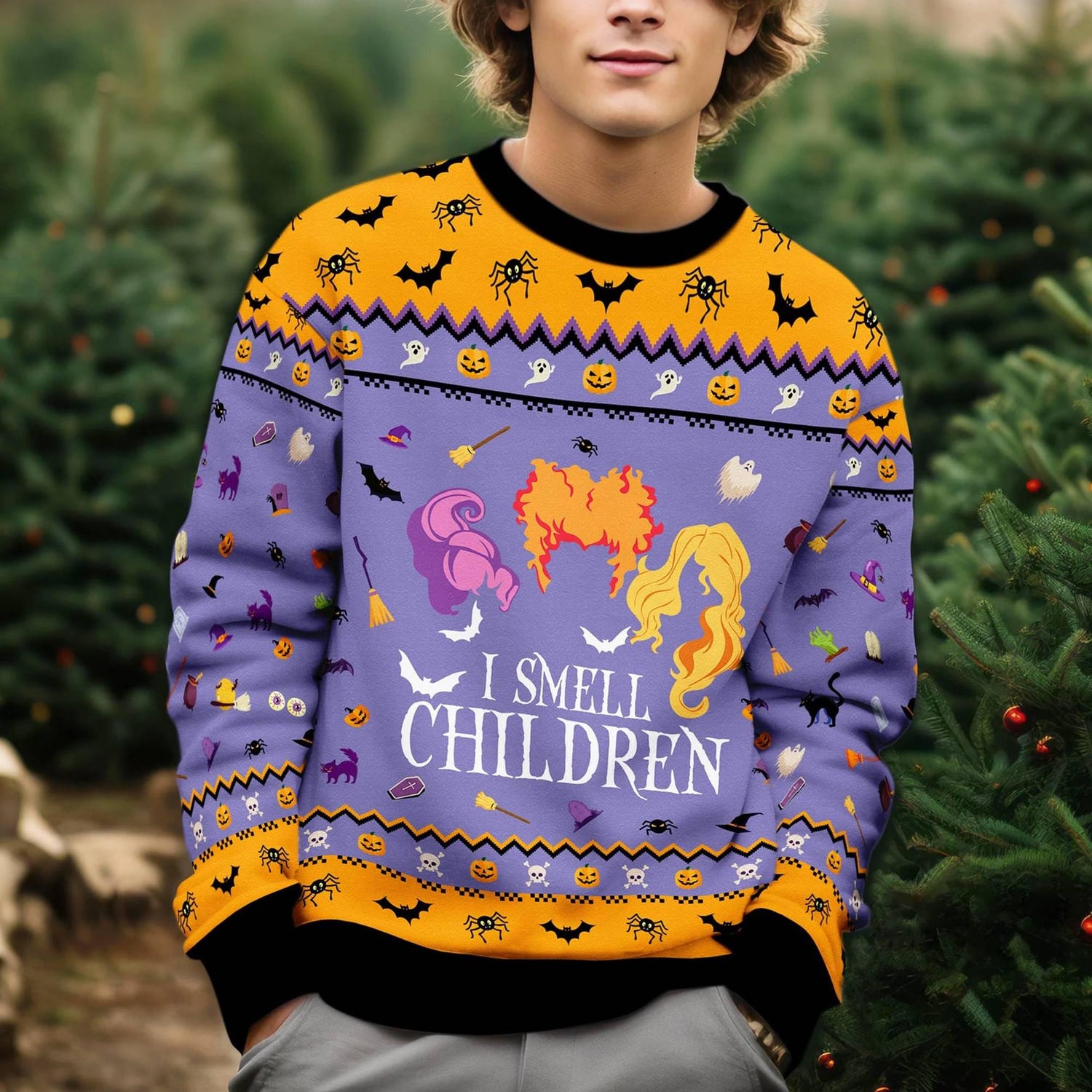 Hocus Pocus Ugly Christmas Sweatshirt Sanderson Sisters I Smell Children Holiday Sweater image 2