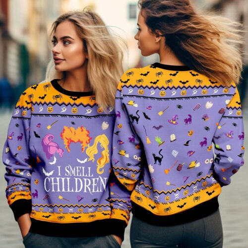 Hocus Pocus Ugly Christmas Sweatshirt Sanderson Sisters I Smell Children Holiday Sweater image 0