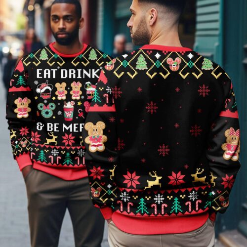 Disneyland Mickey and Friends Christmas Sweater Eat Drink Be Merry Ugly Xmas Sweatshirt image 0