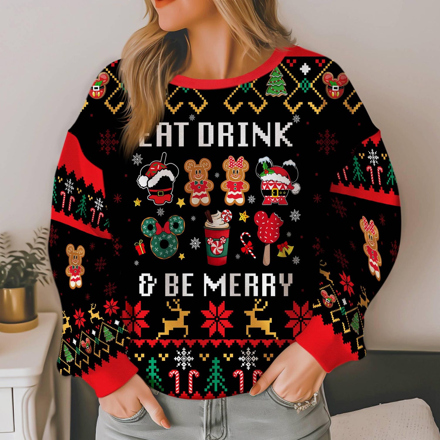 Disneyland Mickey and Friends Christmas Sweater Eat Drink Be Merry Ugly Xmas Sweatshirt image 2