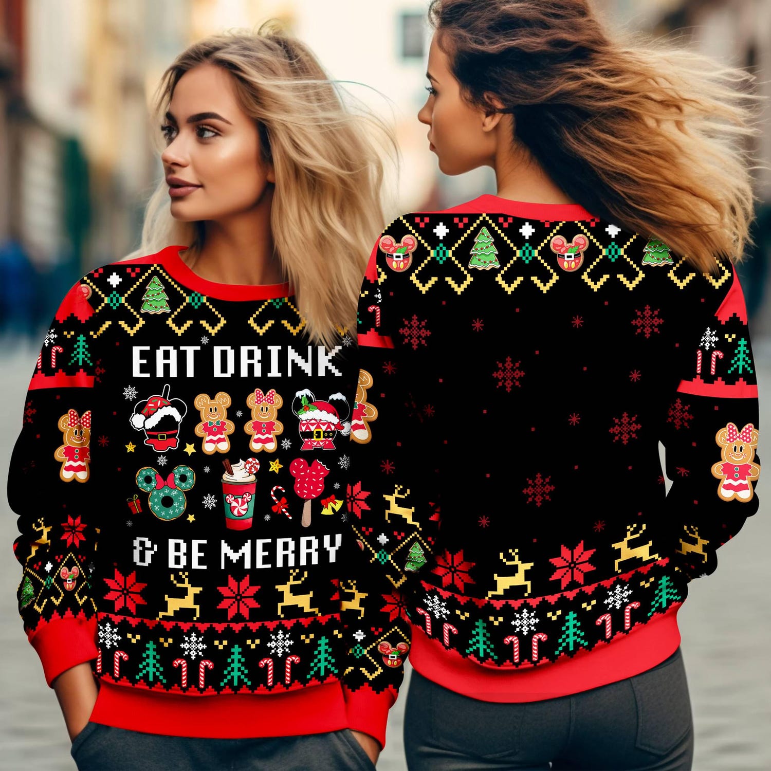 Disneyland Mickey and Friends Christmas Sweater Eat Drink Be Merry Ugly Xmas Sweatshirt image 1