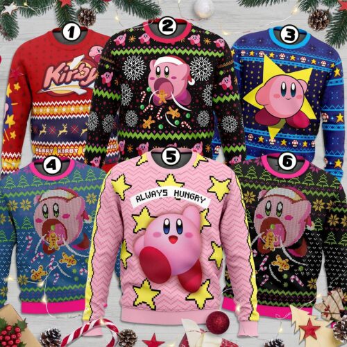 Kirby Ugly Christmas Sweater Pink Kirby Video Game Xmas Sweatshirt Holiday Sweater Gift image 0