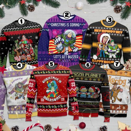 Toy Story Christmas Sweater Woody & Buzz Lightyear Ugly Xmas Sweatshirt Disney Holiday Pullover image 0