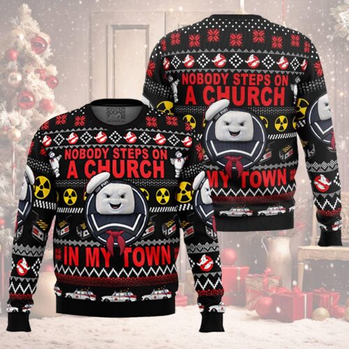 Ghostbusters Ugly Christmas Sweater Slimer Stay Puft Design Funny Holiday Sweater image 0