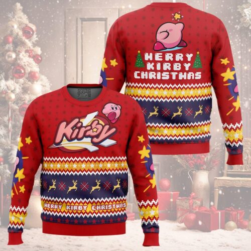 Merry Christmas Kirby Video Game Ugly Christmas Sweater Pink Holiday Sweatshirt image 0