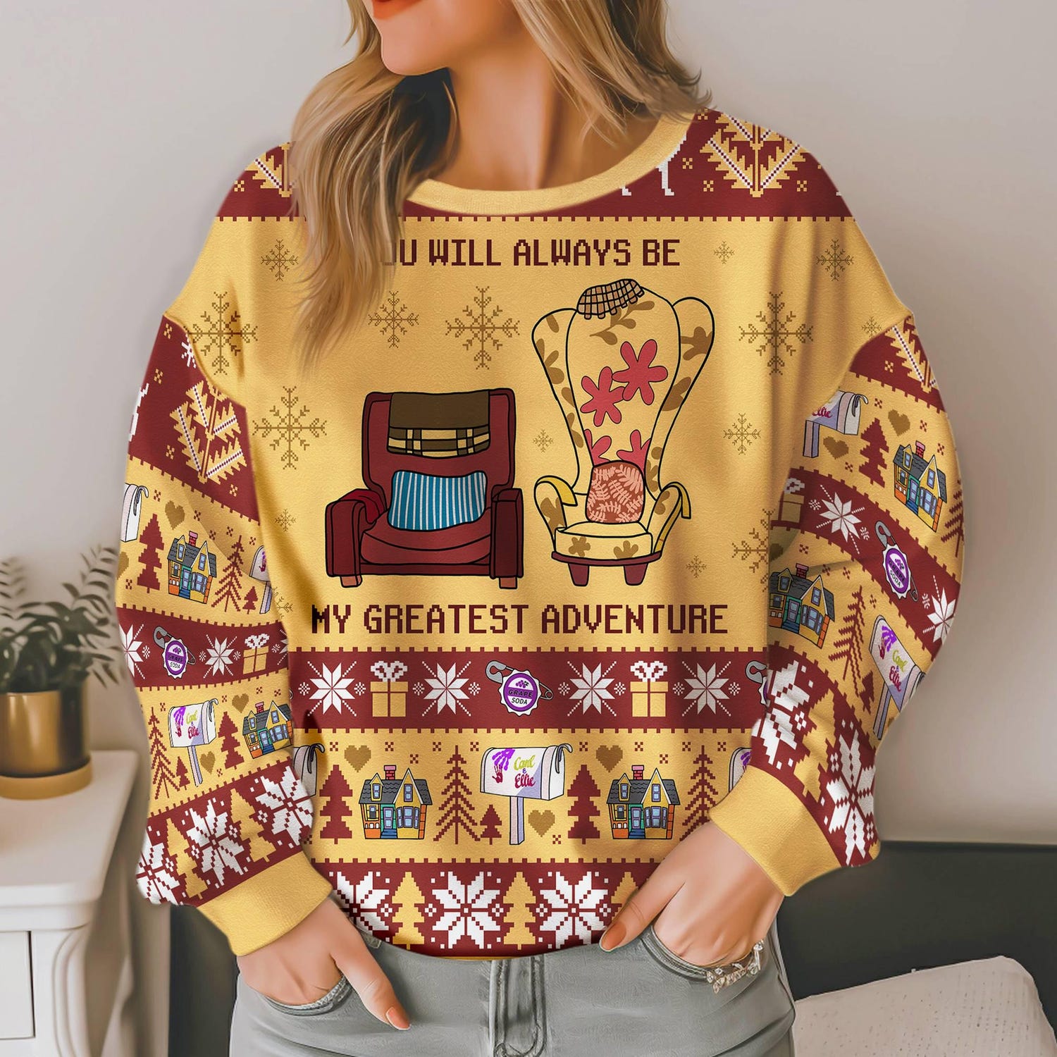 Pixar Up Christmas Sweater Greatest Adventure Sweatshirt Carl & Ellie Xmas Couple Pullover image 4