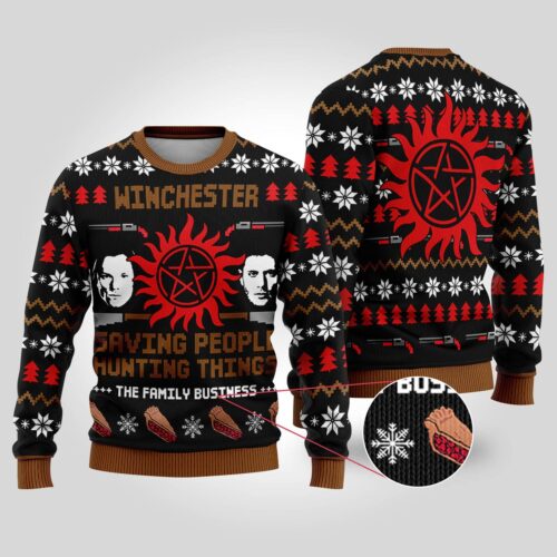 Supernatural Ugly Christmas Sweatshirt Dean & Sam Winchester Holiday Sweater Saving People Hunting Things Xmas Apparel image 0