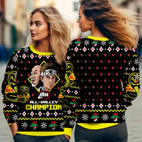 Karate Kid Ugly Christmas Sweatshirt LaRusso & Lawrence Holiday Sweater All Valley Champion Xmas Apparel image 0