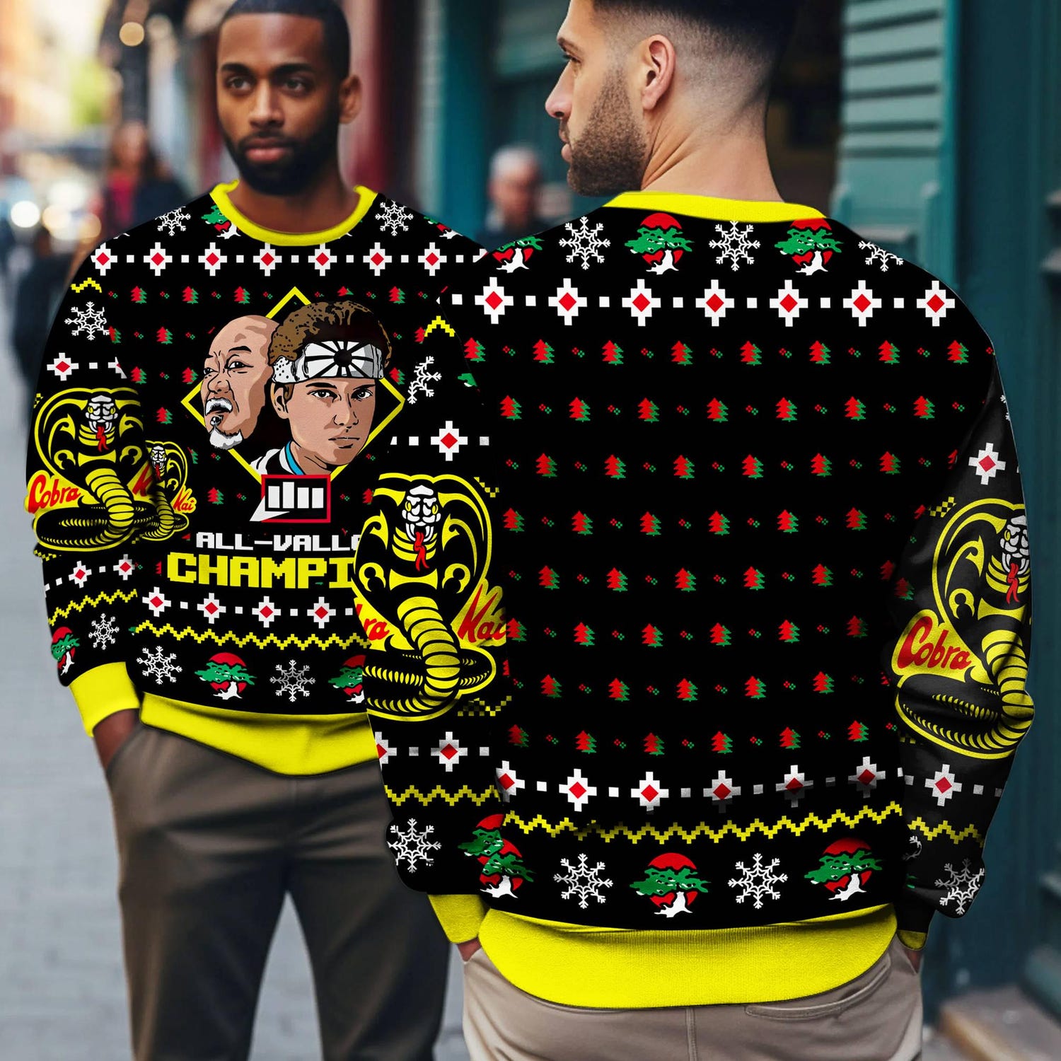 Karate Kid Ugly Christmas Sweatshirt LaRusso & Lawrence Holiday Sweater All Valley Champion Xmas Apparel image 2