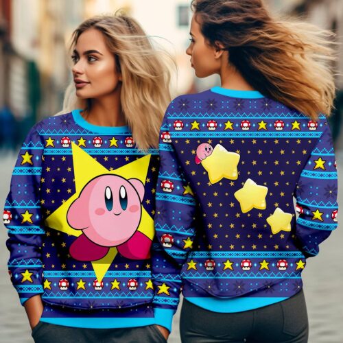 Kirby Christmas Sweatshirt Pink Kirby Ugly Sweater Video Game Xmas Apparel image 1