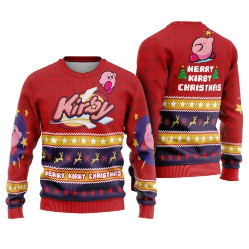 Kirby Video Game Ugly Christmas Sweatshirt Pink Kirby Sweater Ugly Xmas Gaming Apparel image 0