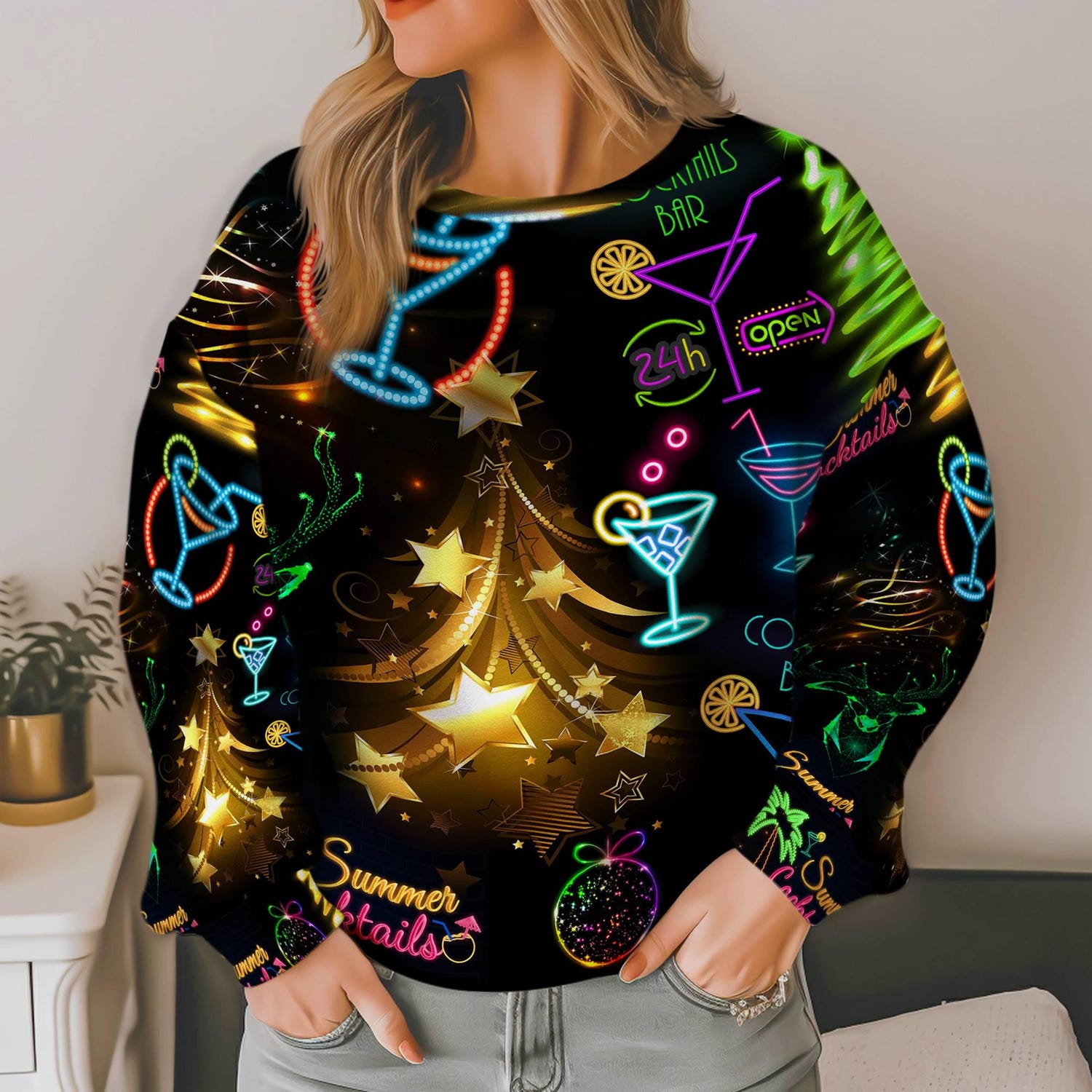 Christmas Neon Light Ugly Sweatshirt Reindeer Santa Claus Sweater Holiday Gift image 4