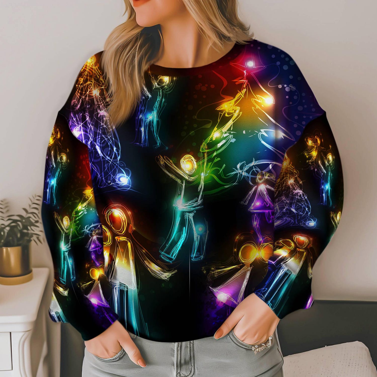 Neon Reindeer Santa Ugly Christmas Sweatshirt Holiday Gift Bright Festive Sweater image 3