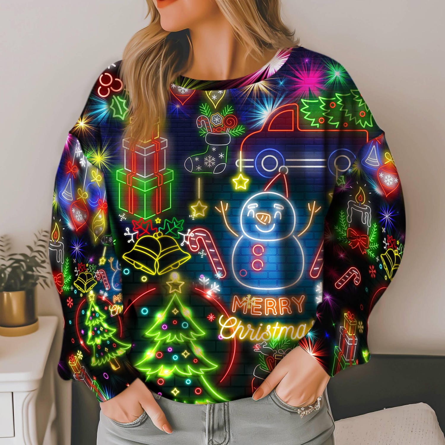 Christmas Neon Light Ugly Sweater Santa Claus & Reindeer Xmas Sweatshirt Festive Holiday Sweater image 3