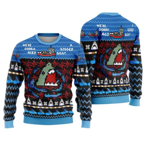 Jaws Shark Ugly Christmas Sweater Need a Bigger Boat Holiday Sweatshirt Funny Xmas Sweater image 0