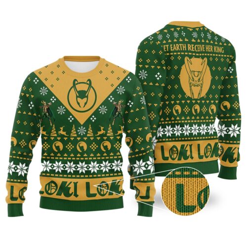 Marvel Loki Laufeyson Ugly Christmas Sweatshirt Let Earth Receive Her King Holiday Sweater image 0