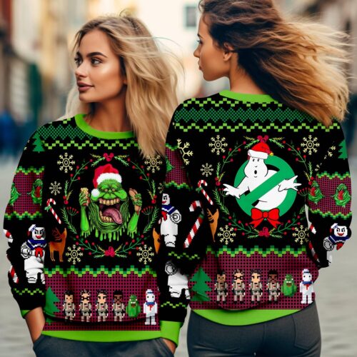 Ghostbusters Ugly Christmas Sweatshirt Slimer & Stay Puft Holiday Sweater Funny Xmas Sweater image 1