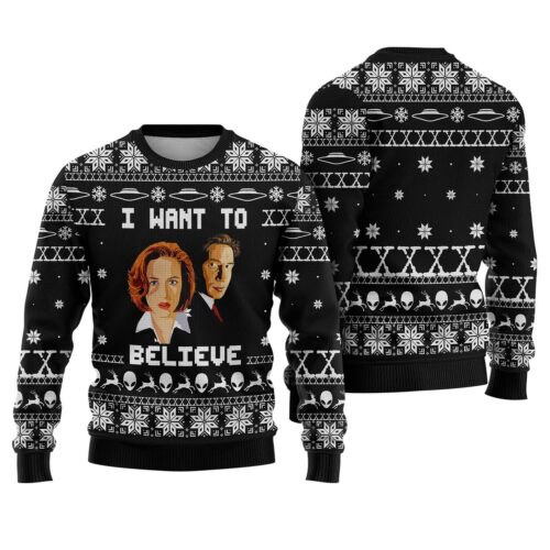 X-Files Ugly Christmas Sweatshirt Fox Mulder Dana Scully Holiday Sweater I Want to Believe image 0