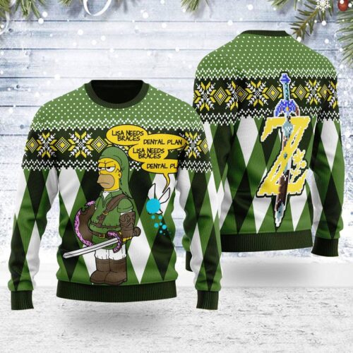 Simpsons Christmas Sweatshirt Lisa Needs Braces Dental Plan Ugly Sweater Bart Simpson & Zelda image 0