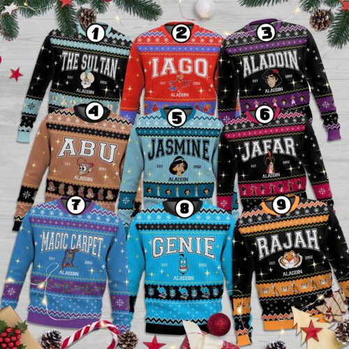 Aladdin Characters Ugly Christmas Sweater Family Matching Jasmine Jafar Iago Holiday Sweater image 0