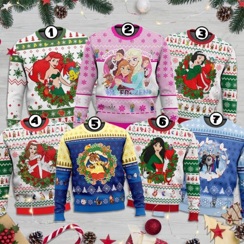 Disney Princess Christmas Sweater Snow White Ariel Sweatshirt Family Matching Ugly Sweater image 0