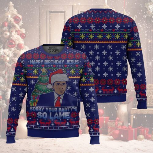 Funny Michael Scott Ugly Christmas Sweater The Office TV Show Birthday Jesus Holiday Sweater image 0