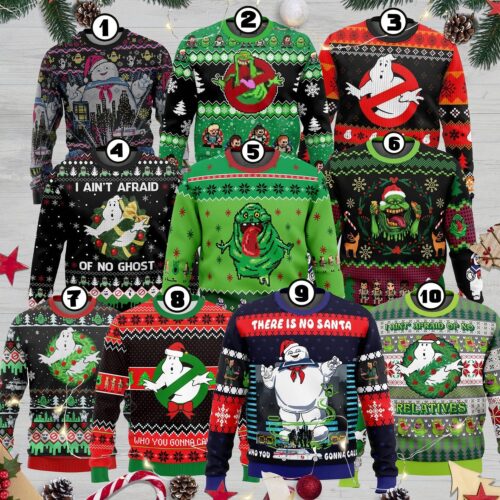 Ghostbusters Ugly Christmas Sweater Slimer Stay Puft Marshmallow Xmas Jumper image 0